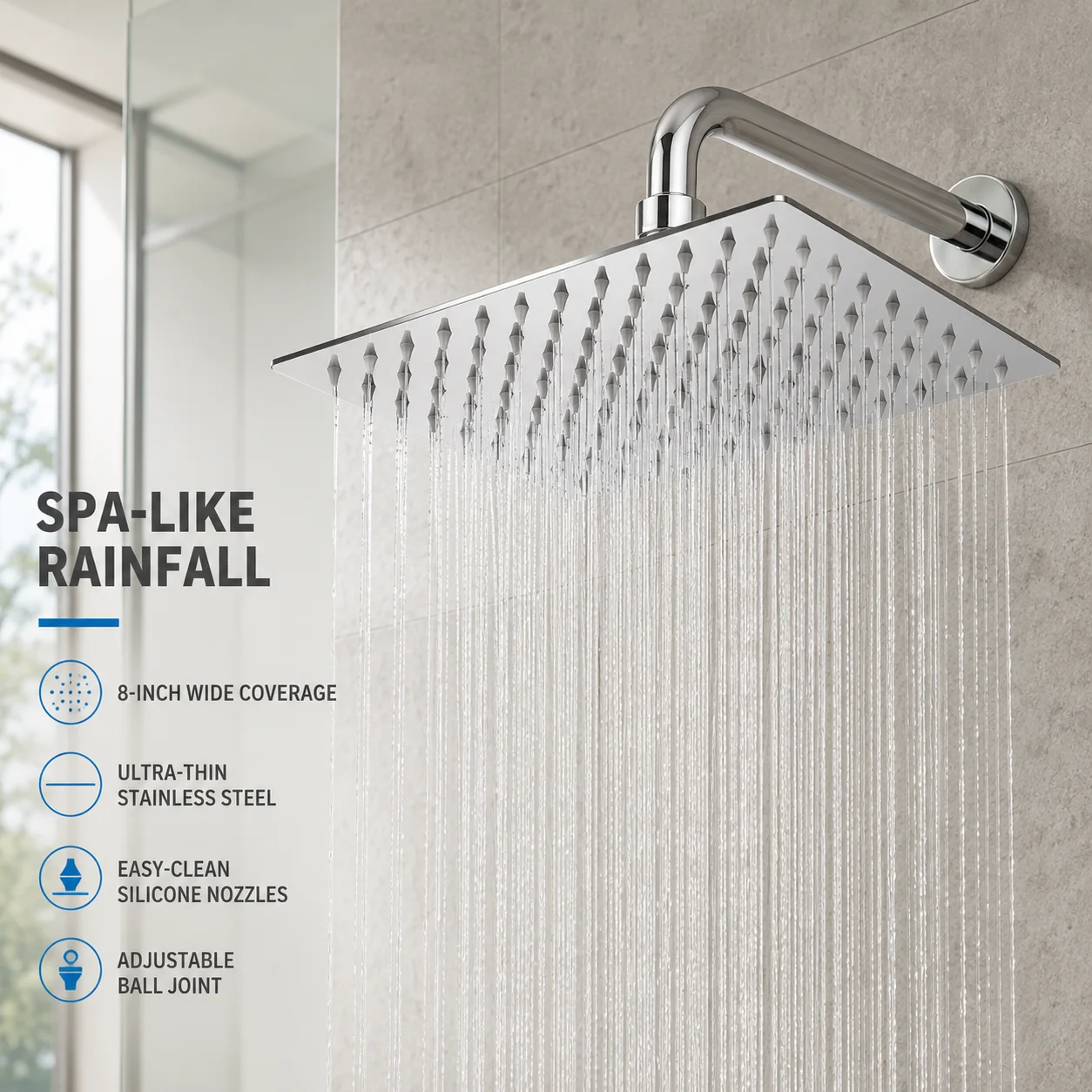 Stainless Steel Top Spray Shower Head Ultra-Thin Pressurized Bathroom Waterfall Rain Shower Bathroom Accessories