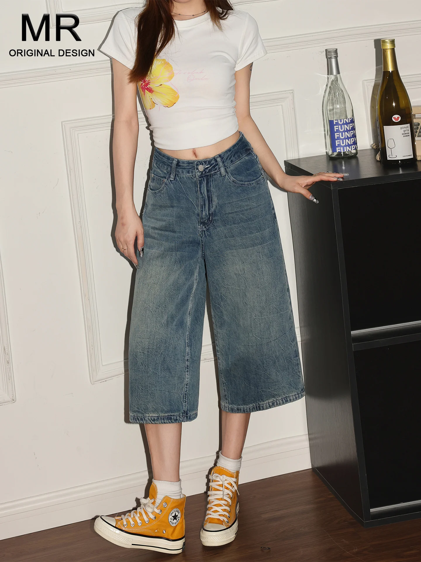 

American Style High Waist Wide Leg Seven-Foot Loose Women's Jeans Summer Lazy Style Loose Slim Straight Pants