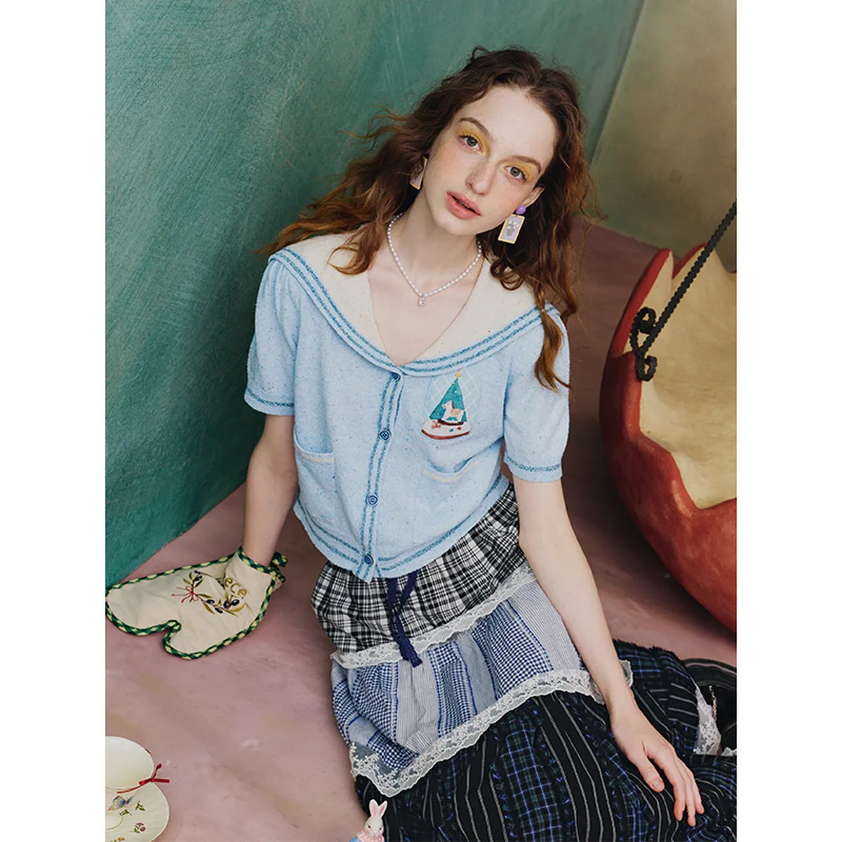 

High-End Muma Guangnian Fresh Color Block Navy Collar Embroidered Knit Cardigan for Women