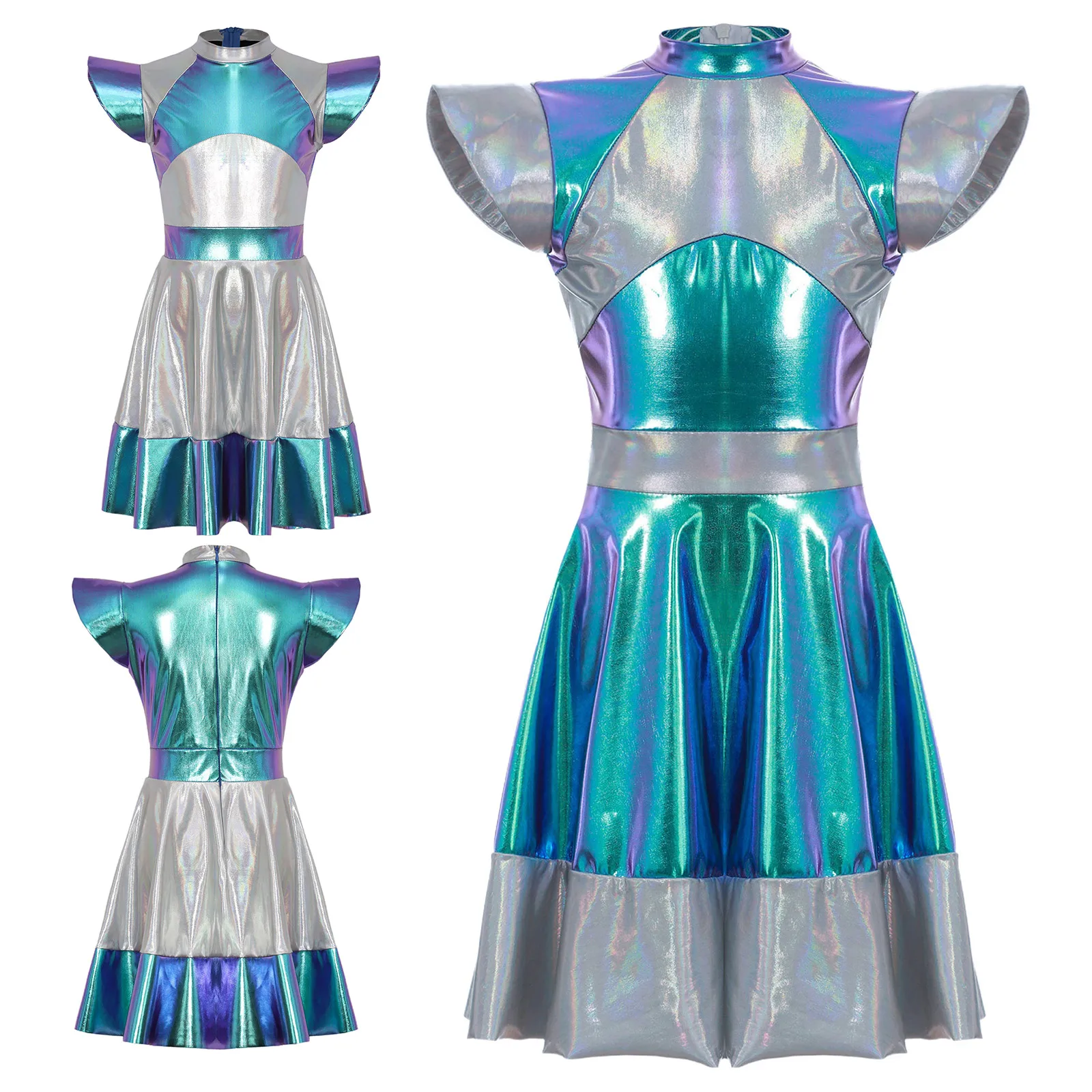 Kids Girls Alien Outer Space Role Play Dress Halloween Cosplay Cutie Costume Cap Sleeve Glossy Metallic Color Block Dress