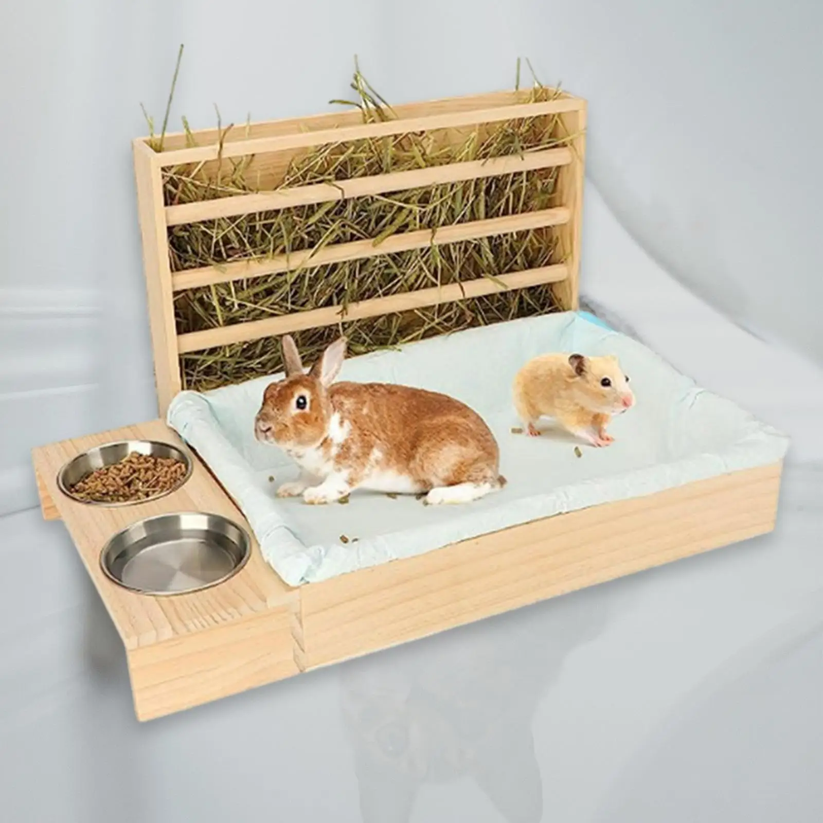 Wooden Rabbit Hay Feeder with Litter Box Bowls Water Feeder Bunny Feeder Manger for Chinchilla Guinea Pig Bunny Small Animals