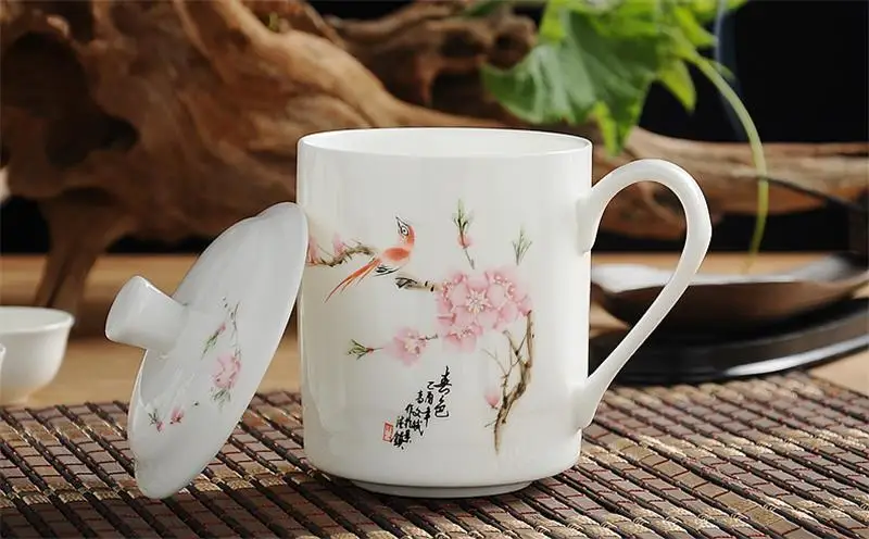 550ML Chinoiserie Colorful Magpie, Bone China Mugs for Sublimation, Spring View, Enamel Coffee Lid, with Lid