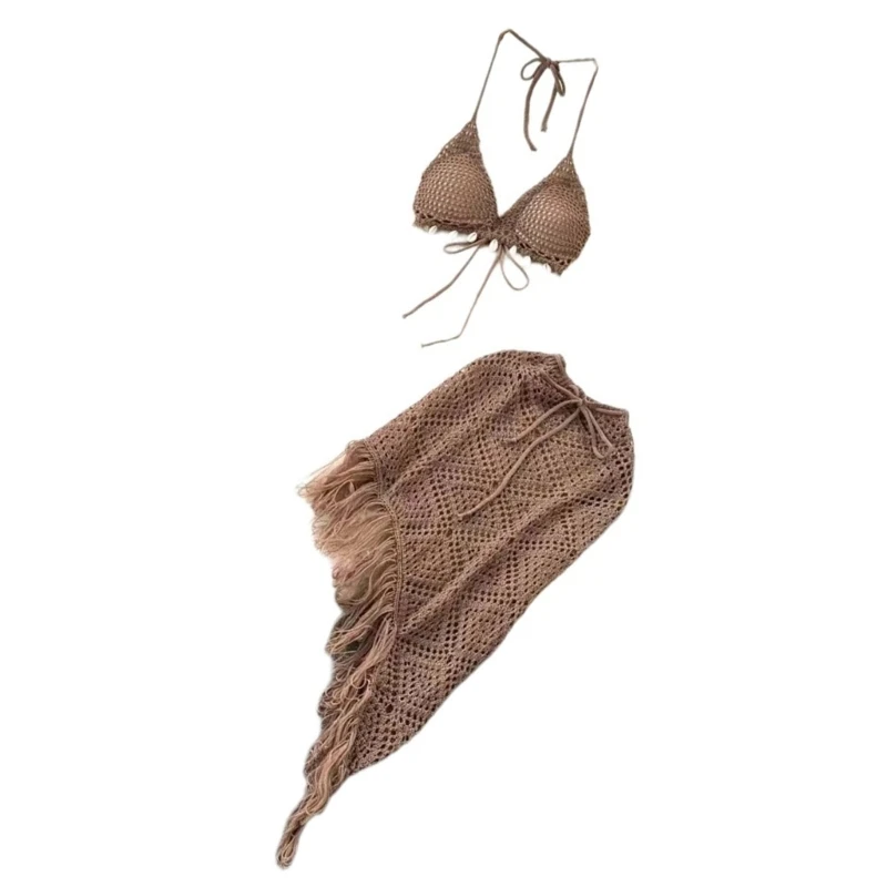 Set copricostume da spiaggia da donna con reggiseno allacciato collo lavorato a maglia all'uncinetto gonna con nappe