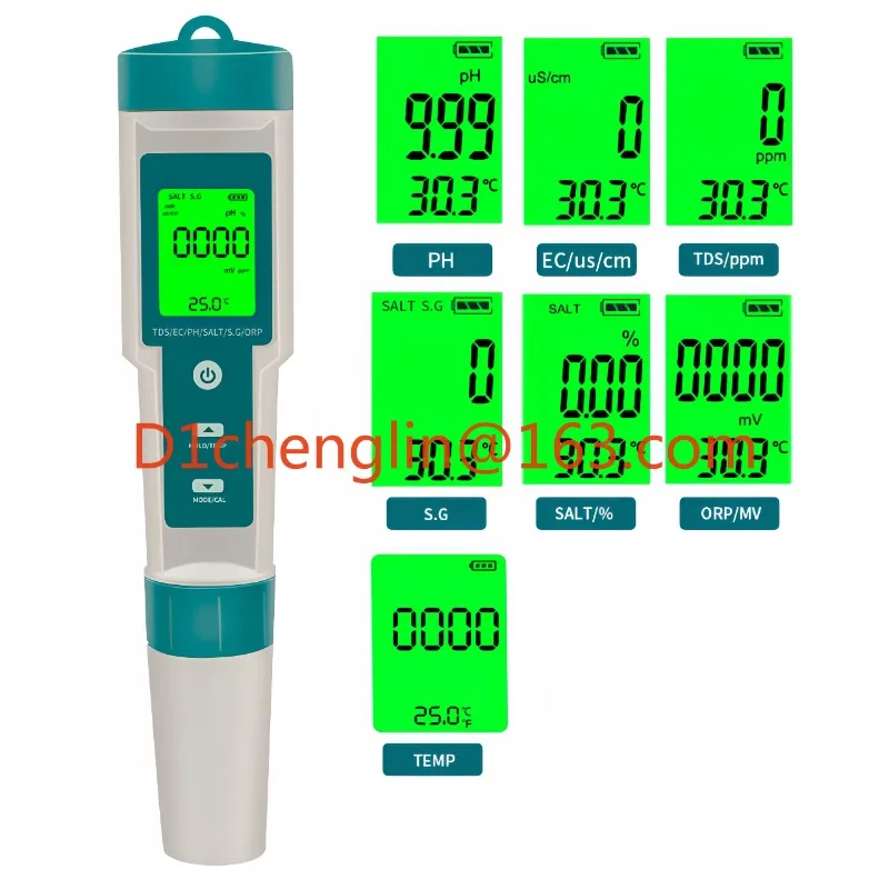 Portable Digital Water Quality Tester Pen 7 in 1 S.G./TDS/EC/pH/Salinity/Pool Drinking Water Aquarium Thermometer