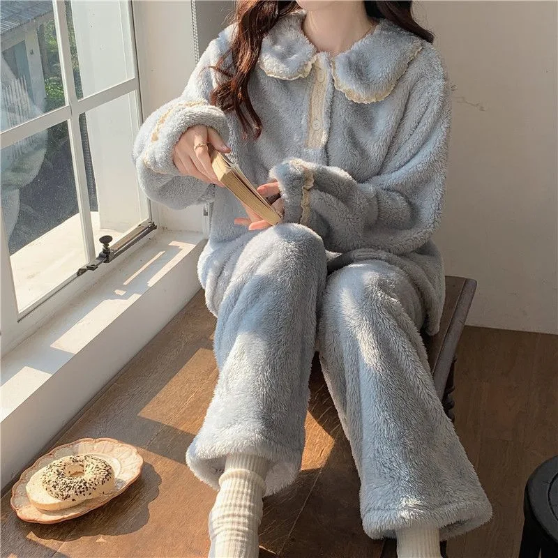 Pajama Woman Winter Autumn Ladies Flannel 2 Pieces Set Long-sleeved Turndown CollarThickened Padded Cute Girls Homewear Suit