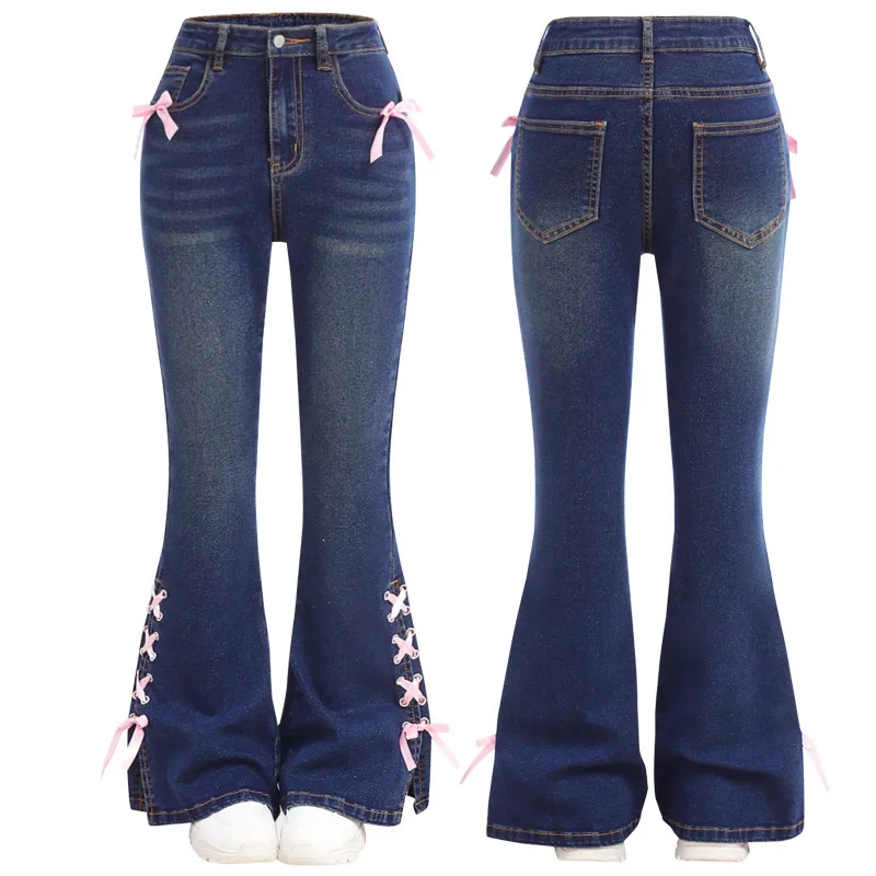218589   Pantalones vaqueros con lazo para mujer, pantalones holgados de pierna recta, pantalones largos