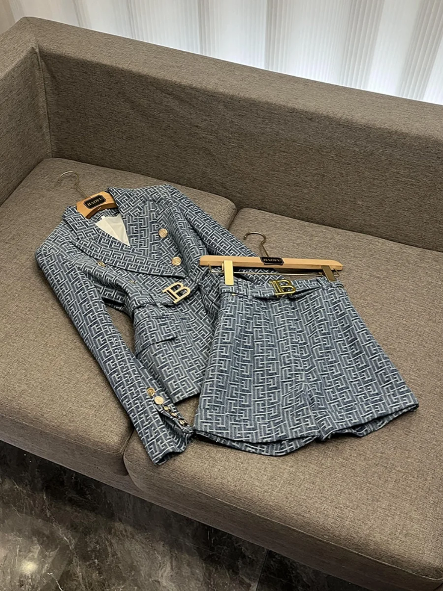 

New Commuter OL Sle Pad oulder Denim Fabric Jaet And ort Set Faionable lectual Women's Suiting Ensemble