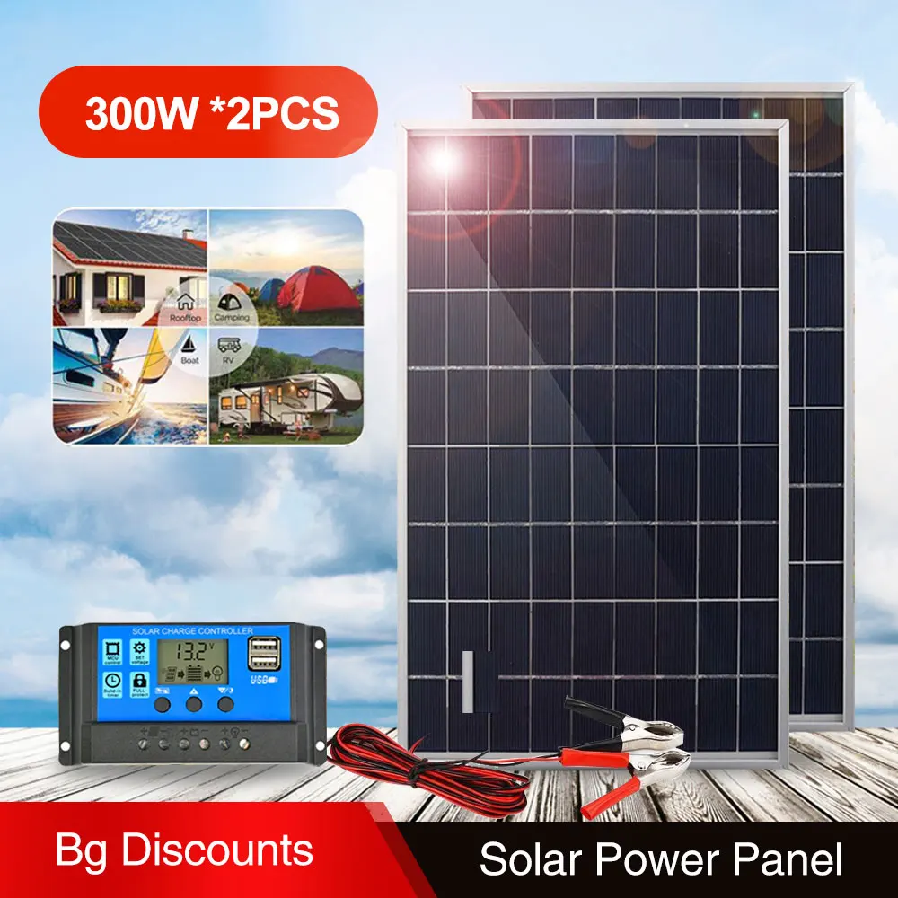 Panel Solar de 300W/600W, Kit de Banco de Energía Fotovoltaica de 12V, Controlador de 100A, Placa Solar para Hogar/Camping/RV/Auto, Cargador Rápido de Batería