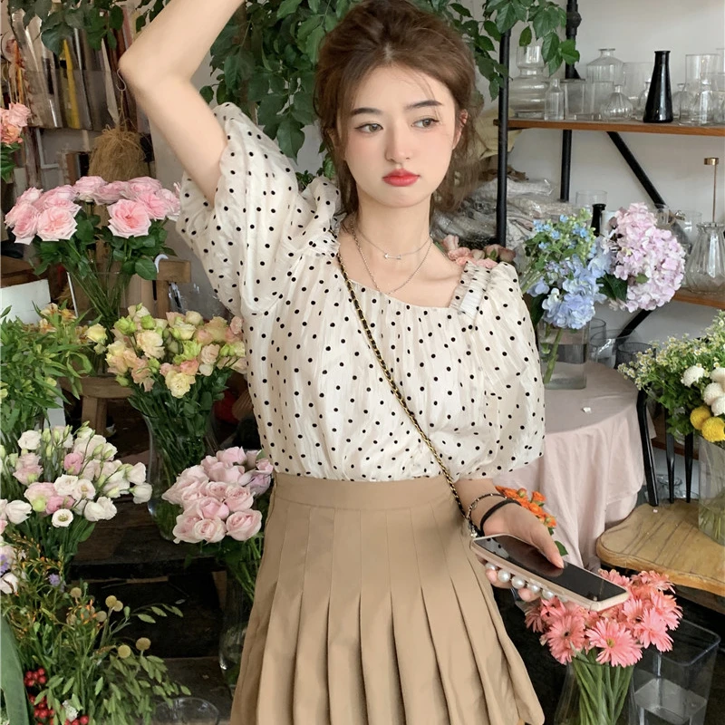 Blouses Women French Style Dot Sweet Princess Chic Lantern Sleeve Thin Retro Girls  Aesthetic Design Crop Tops Loose Daily