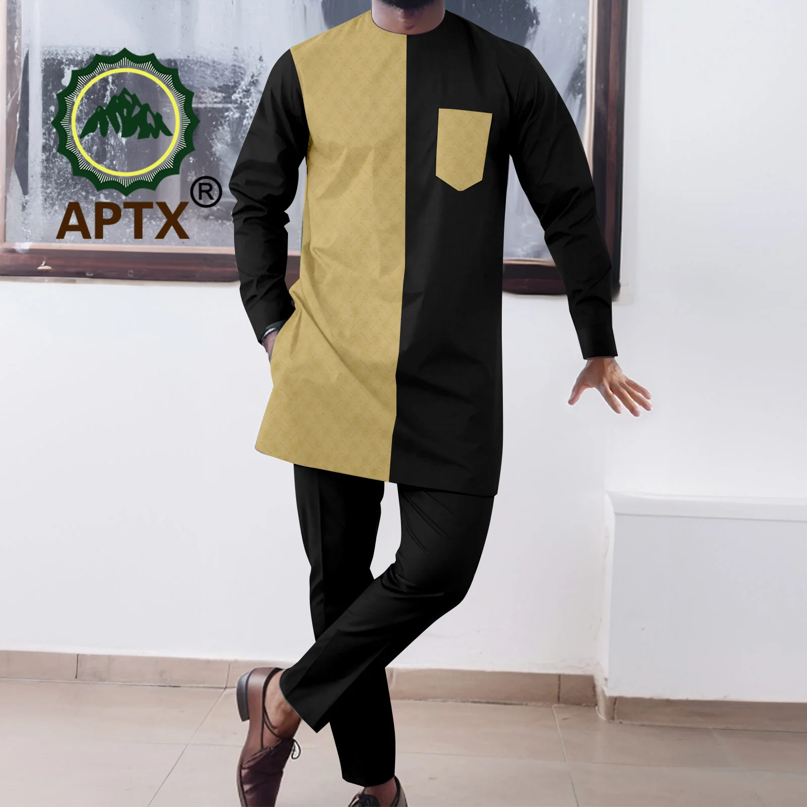 

APTX Causal African Men's Suit 2 Piece Set Wedding Clothes Sportswear O-neck Shirt +Pants Abaya Polyester Material A2316100