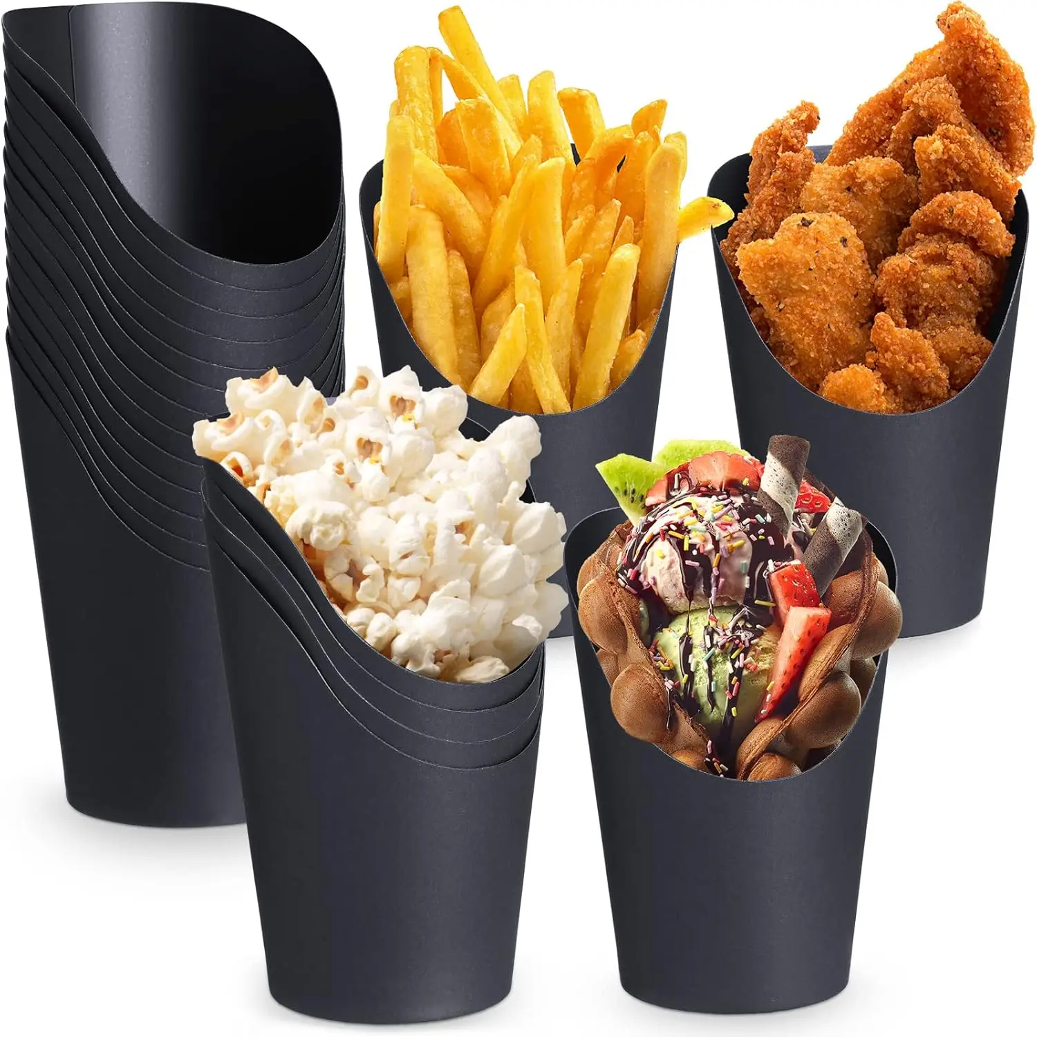 

100 Pcs 16 oz Black Charcuterie Cups Disposable French Fries Holder Paper Fry Cups Food Charcuterie Cones Waffle Snack P