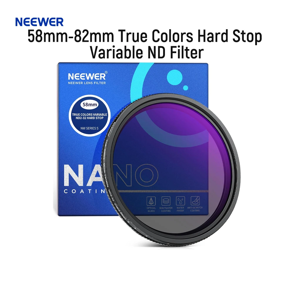 neewer-光学ガラス用可変フィルター58mm-82mm黒色ハードストップ限定ニュートラル密度マルチコーティングhd-nd2-32