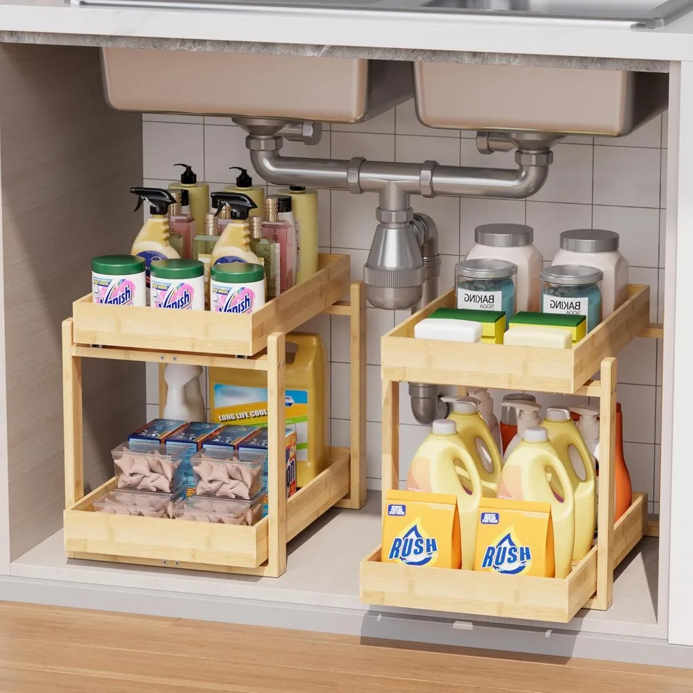 

Under Sink Organizer 2 Tier Pull Out Sliding Drawer Bamboo Storage for Kitchen Bathroom