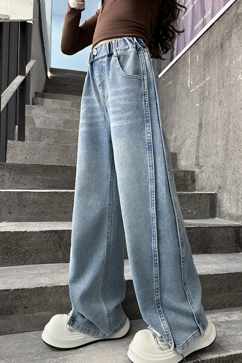 

7-15 Years Old2025 Spring And Autumn Side Denim Wide-leg Pants Fashionable Slim-fitting High Quality High Quality