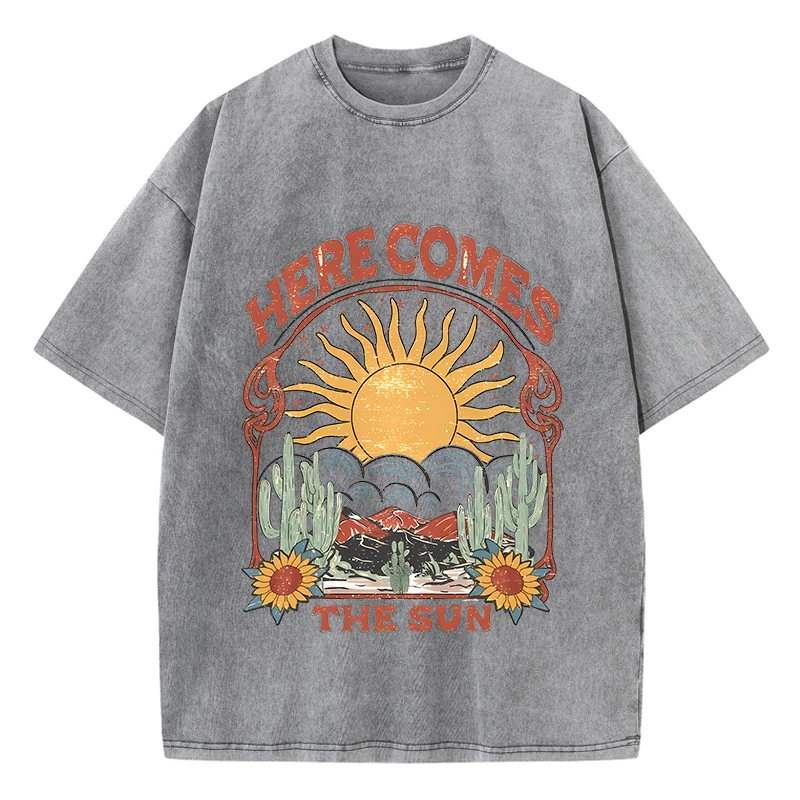 Vintage Womens Acid Wash T-Shirts Here Comes The Sun Printing Tees Crewneck Cotton Oversize Short Sleeve Fashion Female Clothes