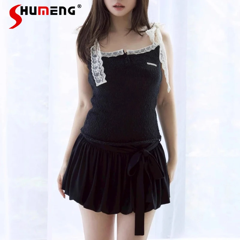 Summer Japanese Rojita Style Sweet Bow Tie Letter Embroidery Short Skirt Women's Clothing Black High-waisted Mini Skirts Ladies