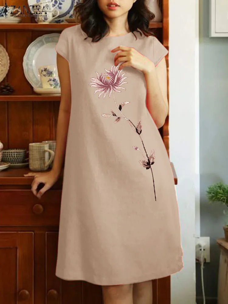 ZANZEA Summer Floral Embroidery Holiday Dress Women Vintage Short Sleeve O Neck Knee-length Sundress Robe Bohemian Beach Vestido