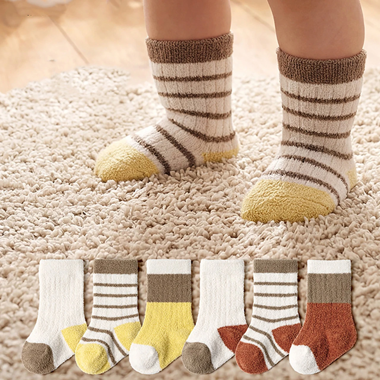 3Pair Color Blocking Striped Baby Plush Sock Winter Thick Cotton Loop Warm Woolen Socks Kids Mid Tube Sock 0-1Y Toddler Footwear