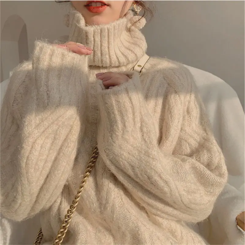 Turtleneck Sweater Woman Chic Thicken Twist Knitting Pullovers Female Autumn Elegant Blue Warm Woolen Jumpers Winter