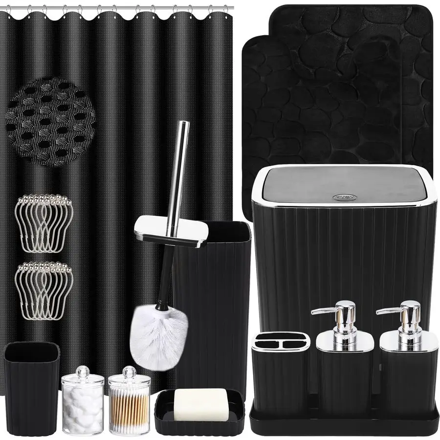 

Set with Shower Curtain and Rugs 25PC Bathroom Accessory Set, Black Bathroom Set, Toilet Brush, Trash Can, Qtip Holder amp Soap