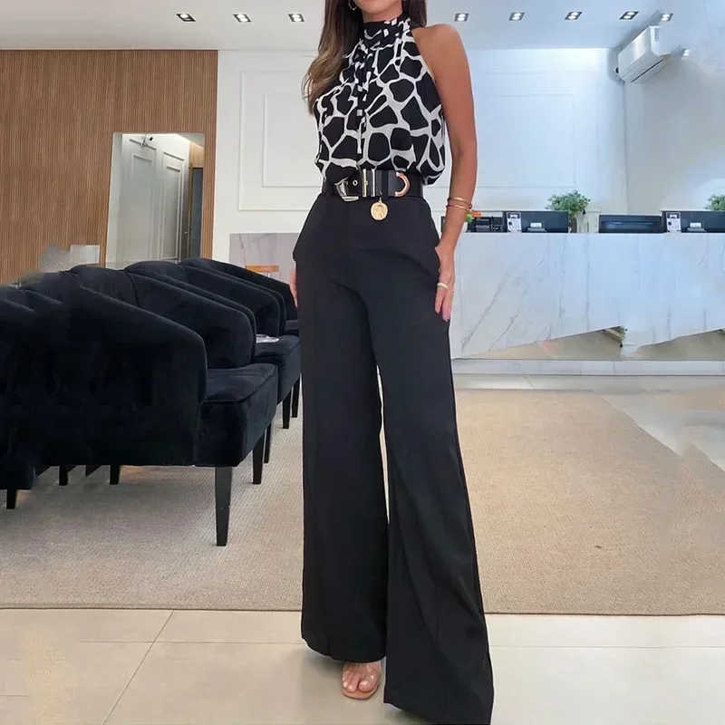 

Halter Vest Top & Cuffed Pants Set Women Elegant Pant Sets Two Piece Suit Single Breasted High Waist Trousers Suits Pockets