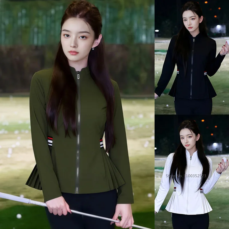 

2026 Golf Windbreaker Jacket Women Pleated Slim Casual Yoga Jacket Stand Collar Windproof Golf Coat Long Sleeve Sports Tops