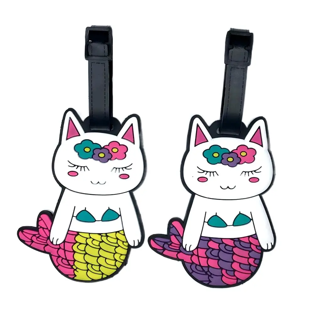 

Милые бирки для багажа с изображением кошки-русалки, 2 шт. – Аниме-стиль, силиконовые идентификационные бирки для дорожных сумок с именной карточкой и ремешком, легко заметные идентификаторы.