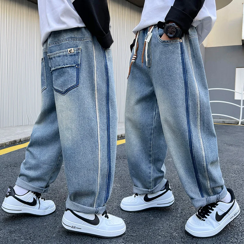 رائجة البيع الأولاد الجينز الفضفاضة مع المشارب الجانبية للطفل الخريف عالية الجودة مخطط الدينيم السراويل الاطفال الهيب هوب الشارع الشهير بنطلون #2