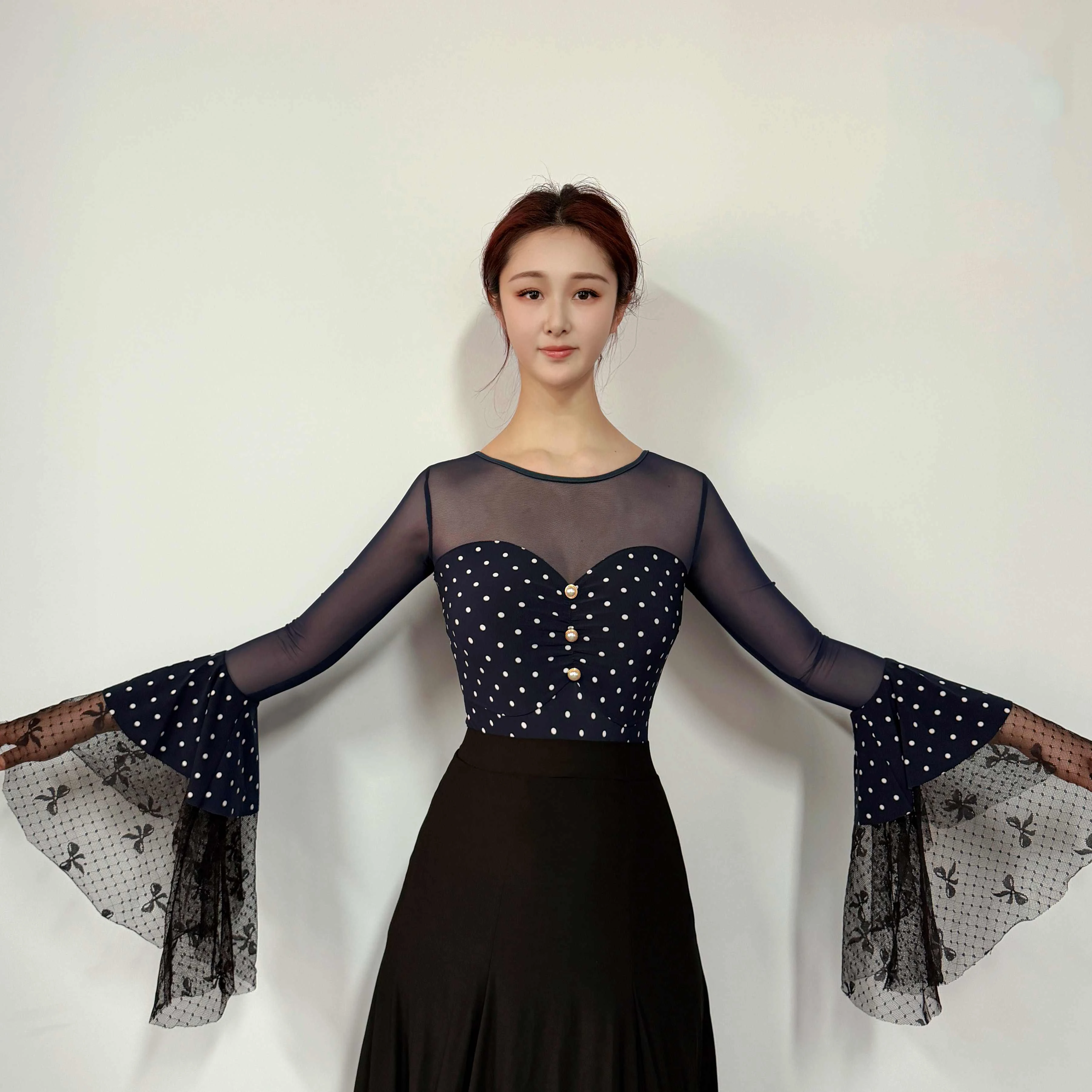 

Топы для бальных танцев в горошек 2026: женский боди с сетчатыми вставками, темно-синий, для вальса и танго, для выступлений и тренировок, BL18776