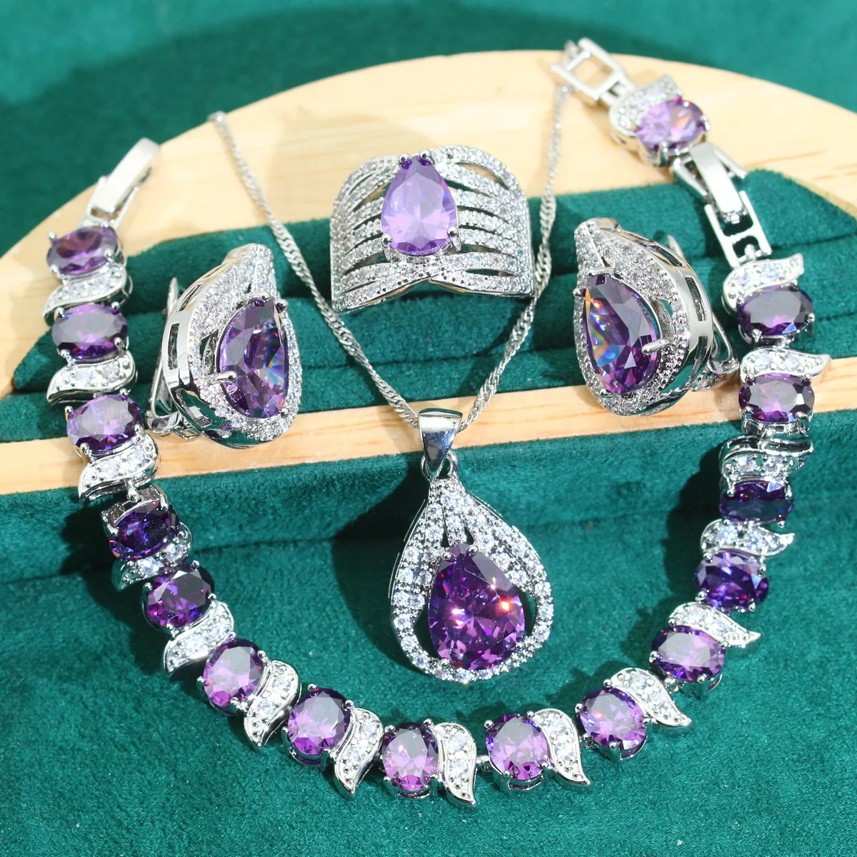 925 Silver Jewelry Sets for Women Wedding Dating Gifts Purple Zircon Bracelet Earrings Necklace Pendant Ring