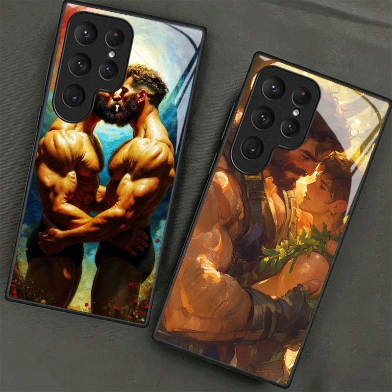 Muscle Man Gay Fitness Tempered Glass Phone Case for Samsung Galaxy S24 S25 S26 Ultra Edge S23 FE S22 Plus S21 + S20 Shockproof