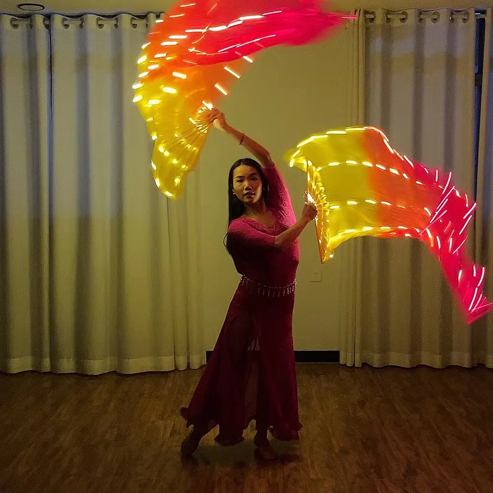 Accessori per la danza del ventre velo a ventaglio in seta a Led con 180cm di lunghezza rosso e giallo per la pratica del ventilatore da ballo e le prestazioni sul palco