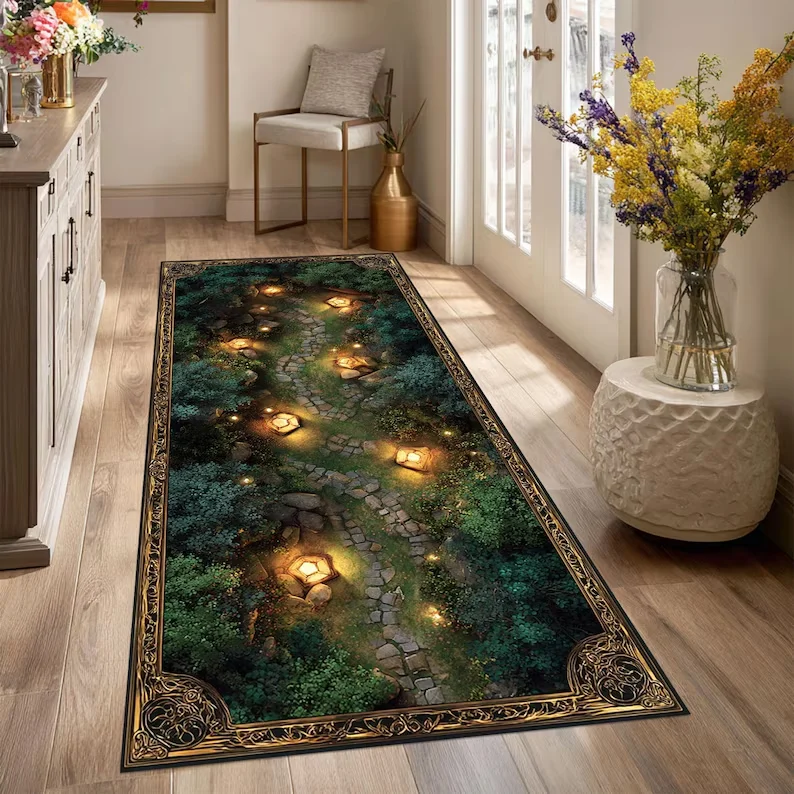 Tapis de couloir Chemin de la Forêt Enchantée, Tapis de forêt magique avec lumières scintillantes, Tapis de couloir fantastique lavable, Décoration d'intérieur