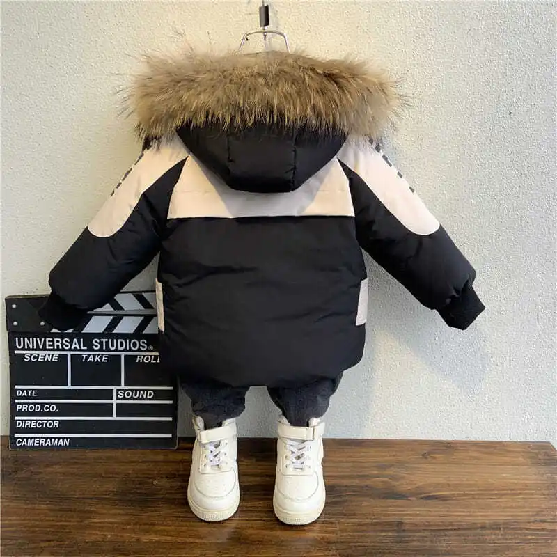 2-8 Years Winter Boys Jacket Fur Collar Hooded Cotton Plus Velvet Thicken Keep Warm Baby Parkas Coat Birthday Gift Kids Clothes