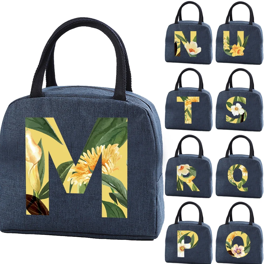 Insulated Lunch Bag for Child Canvas Travel Food Box Picnic Storage Tote Thermal Bags Floral Letter Series Work Cooler Handbag