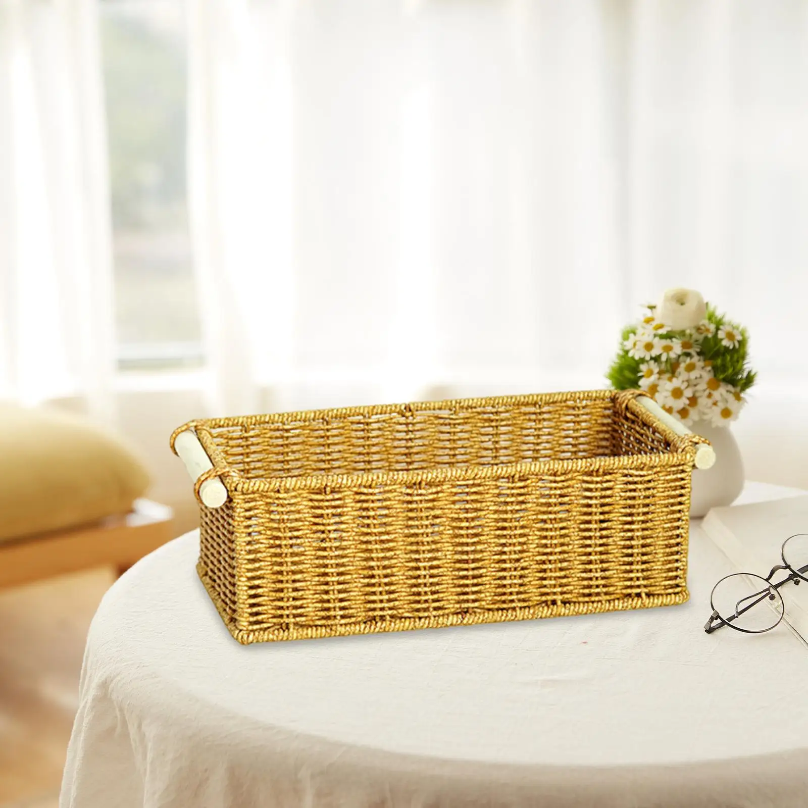 

Woven Basket Fruit Basket Desktop Storage Organizer with Wooden Handles Multipurpose for Bedroom Dorm Office Pantry Cosmetics