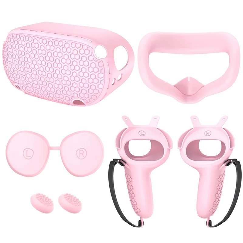 RISE para Meta Oculus Quest2 Capa protetora de silicone para host Conjunto de 5 peças Acessórios VR antiderrapantes e anti-queda, rosa