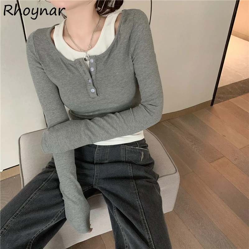 Long Sleeve T-shirts Women Korean Fashion Designed Patchwork Fake 2pcs Simple Aesthetic Autumn Simple All-match Stylish Chic