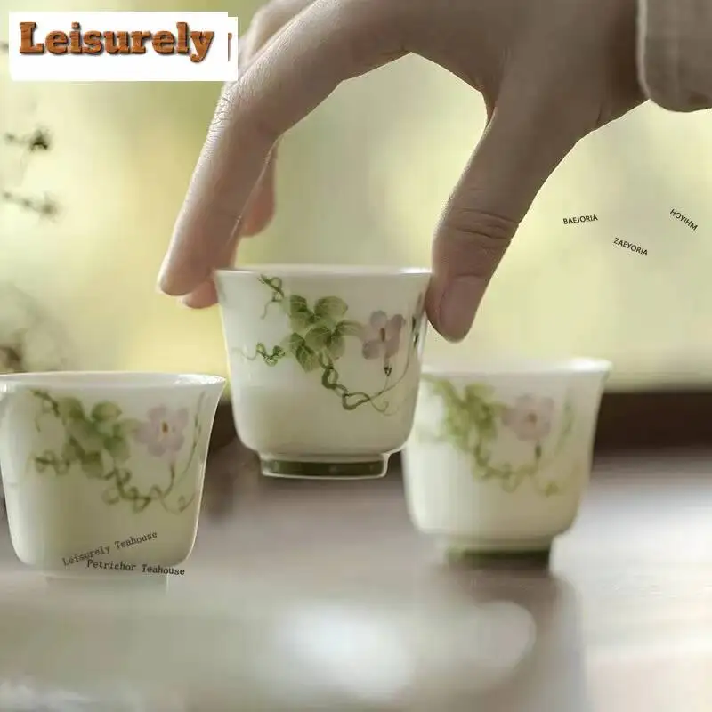2pc/lot Little Green Ceramic Hand-painted Morning Glory Teacup Zen Tea Bowl Tea Pair Personal Cup Jianzhan Teaware Craft 50ml