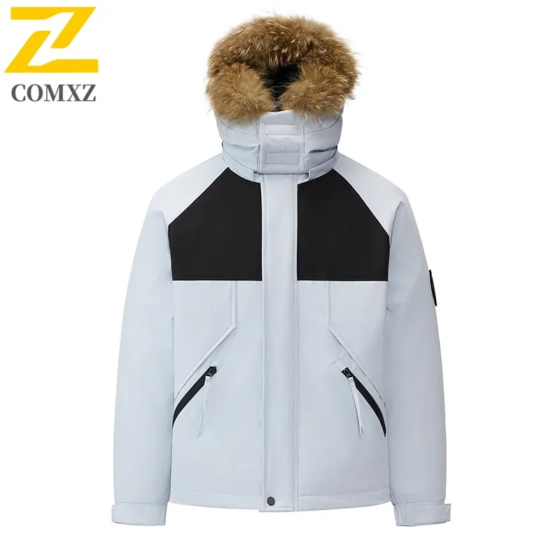 COMXZ Chaqueta ligera de plumón de pato blanco Cuello de piel con capucha Chaqueta acolchada de esquí de nieve a prueba de frío Ropa minimalista de viaje para hombres