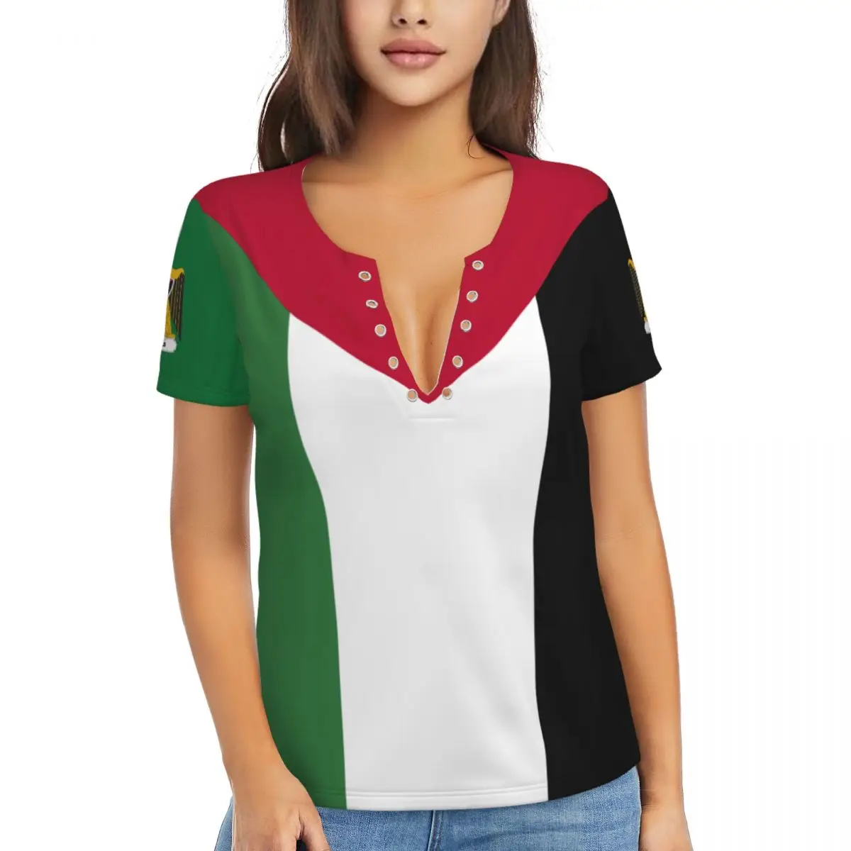 Palestine Flag Sexy V Neck 3D Short Sleeve Fashion Tees Female Clothing Short Sleeved Tops Girl Casual Blouse Tees