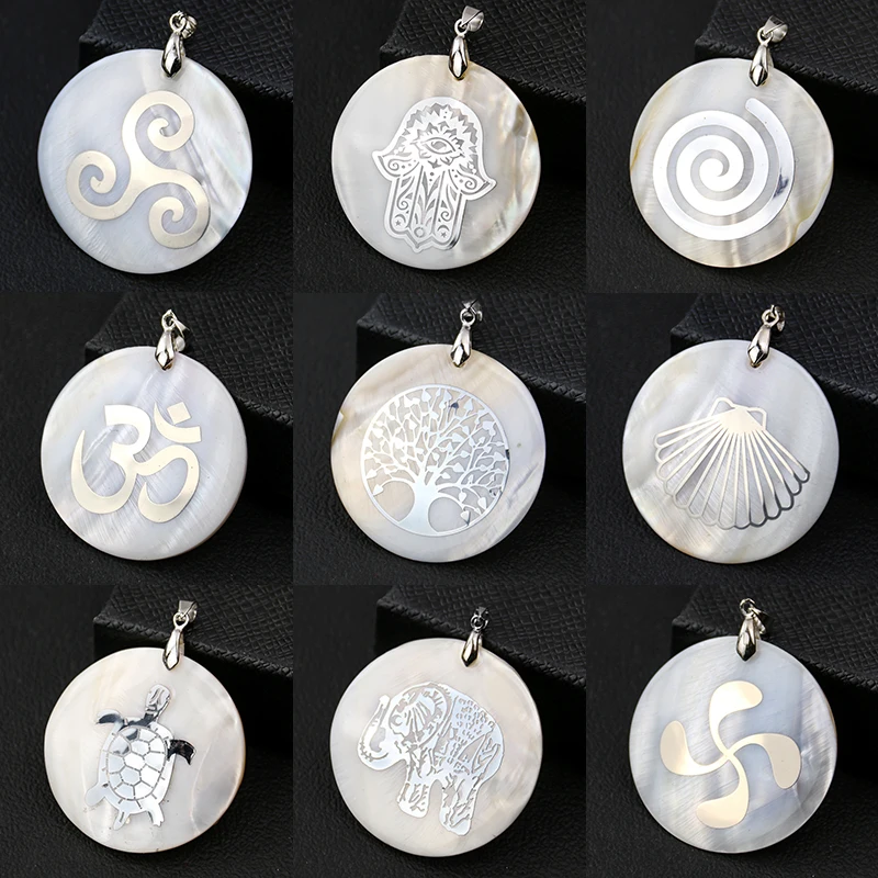 Natural Round Mother of Pearl Shell Pendant Laser Tree of Life Fatima Hand Elephant Turtle Charms Necklace DIY Jewelry Accessory