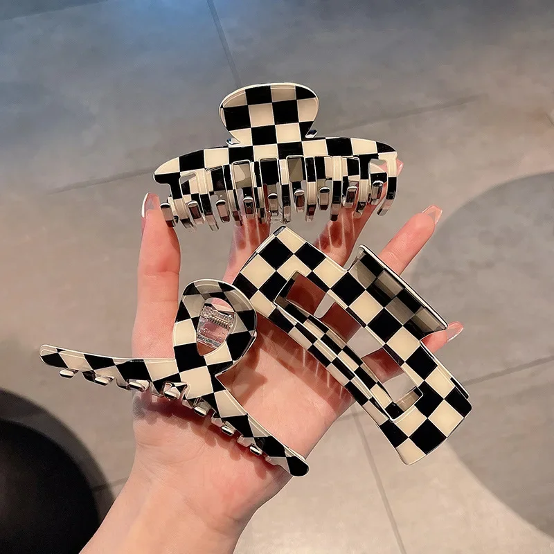 Black and White Chessboard  Large Hair Claws Ladies Design Back of The Head Shark Clips for Girls Hair Accessories Headwear