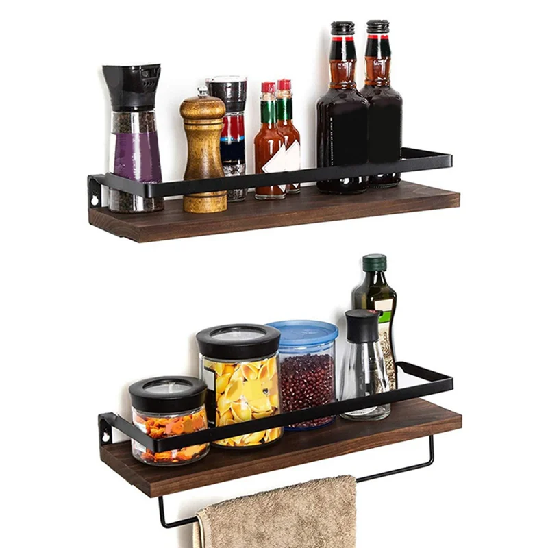 PB-2 Pack Set di mensole da parete in metallo, legno, rustico, galleggiante, portasciugamani da cucina, bagno