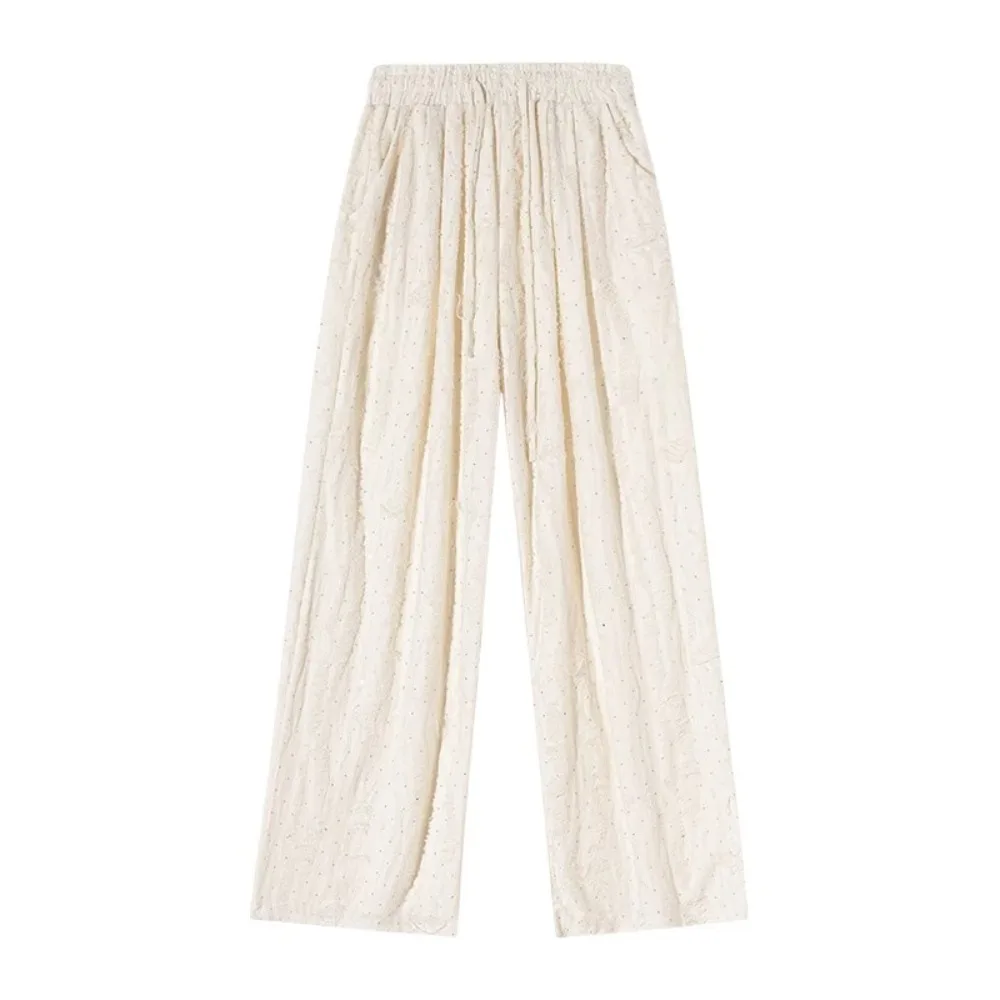 

Simple Solid Color Casual Straight Leg Pants Rhinestone Baggy Wide Leg Long Pants Thin Summer Clothes Ripped Pants Women