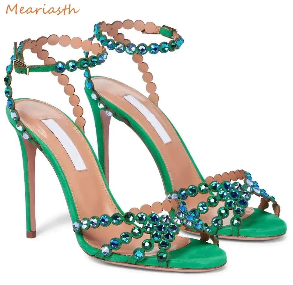 Meariasth Clear PVC Crystal Sandals Blue Peep Toe Buckle Strap Thin High Heels Sandals Woman Summer Lady Stilettos Shoes On Heel