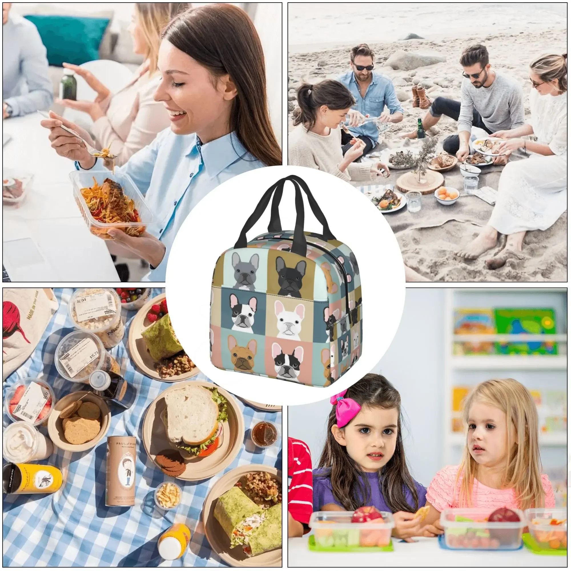 French Bulldogs Dog Insulated Lunch Bag for Women Men and Kids Large and Reusable Handle Freezable Work School Travel Tote Bags