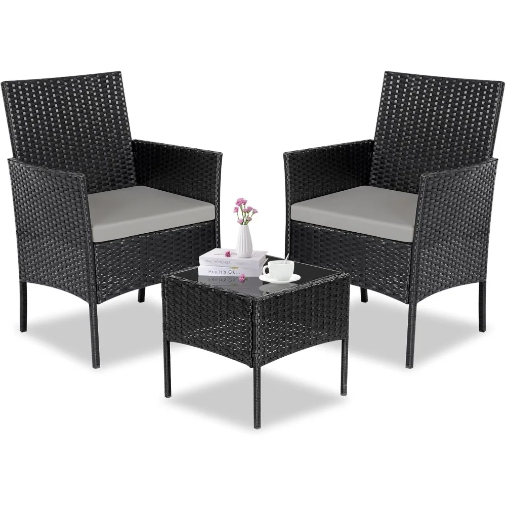 Patio Set 3 Piece Outdoor Rattan Porch Furniture with Tempered Glass Side Table & Cushion All Weather Conversation Bistro Set