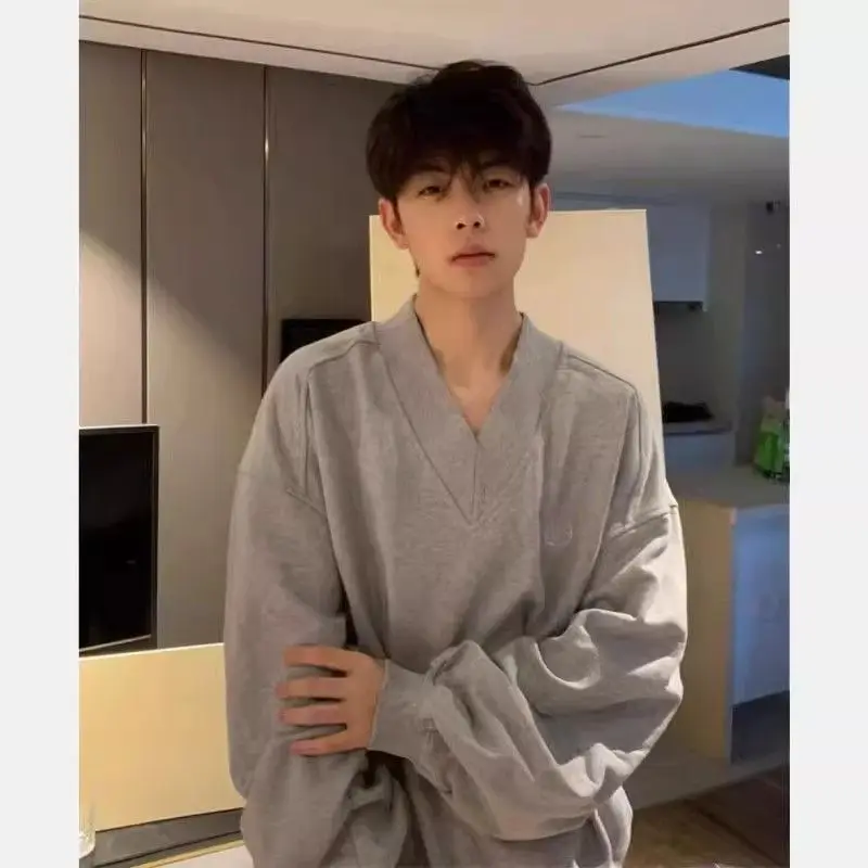 Felpa con cappuccio da uomo di fascia alta di marca alla moda con scollo a V grigio con atmosfera coreana Giacca corta dalla vestibilità pulita