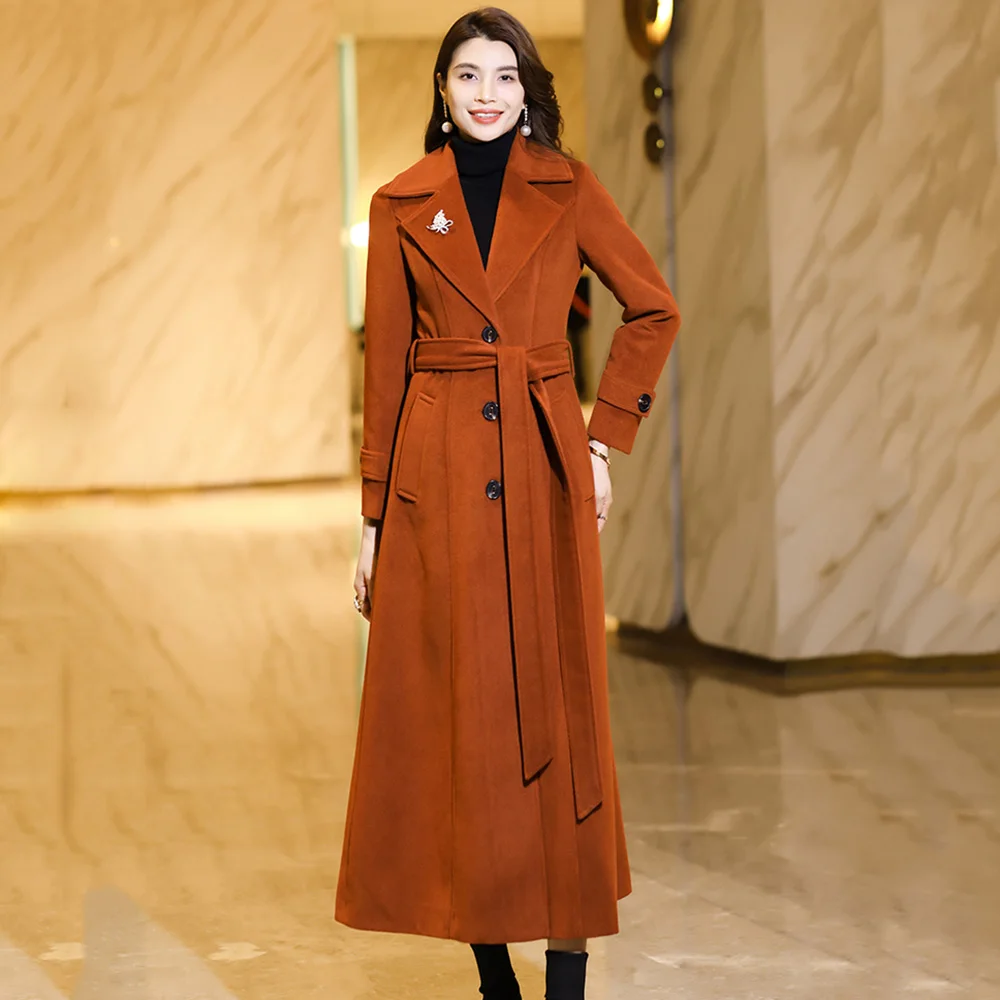 

New Women Elegant Long Woolen Coat Autumn Winter Fashion Suit Collar Single Breasted Lace-up Slim Wool Blended Overcoat Caramel